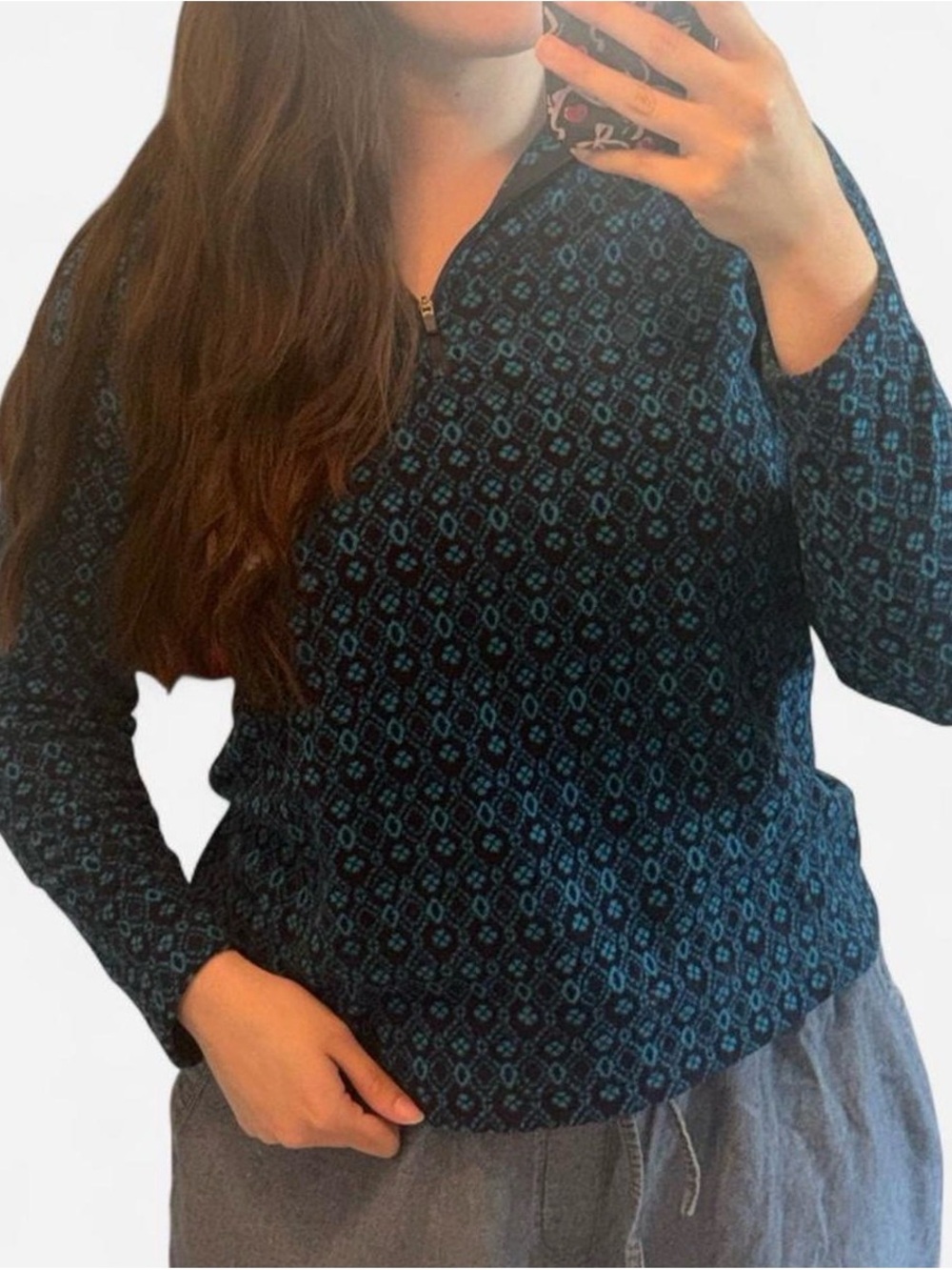 Lands’ End Women’s Quarter Zip Fleece Pullover Blue Geometric Size M